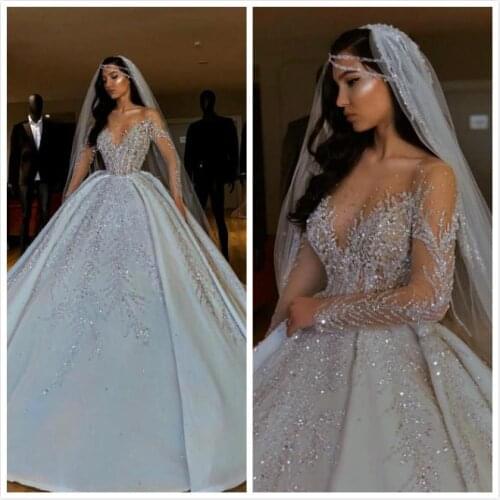 Elegant Ball Gown Bride Dresses Appliques Beaded Crystals Long Sleeves Sweep Train Floor Length For Bridal Party Wear платья