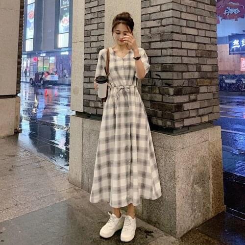 Plaid Shirt Dress for Women 2021 New Summer Long Fairy Lady Super Fairy Mori Style French Dress Waist-Slimming Dress