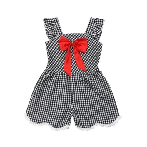 Baby Girl Romper Toddler Kid Baby Girl Plaid Bowknot Sleeveless Romper Jumpsuit Outfit Set 1-6Y