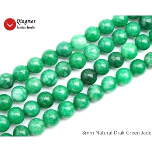 Qingmos Natural 8mm Round Drak Green Jades Stone Loose Beads for Jewelry Making Necklace Bracelet Earring DIY 15" los810