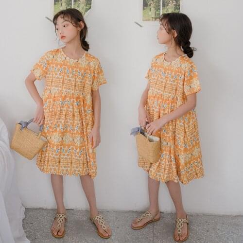 88 10 12 years Girls Summer Flower Print Yellow Dresses Holiday Casual Children Beach Dress