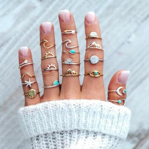 ALYXUY 19Pcs/Set Fashion Rings Arrow Sun Compass Moon Eye Wave Mix Knuckle Ring Set Wedding Jewelry Gifts For Women Girls
