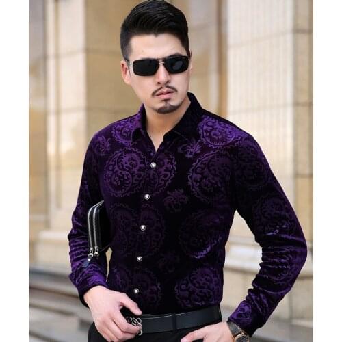 Mens Velvet Dress Shirts Dragon Pattern Black Blue Purple Silk Business Casual Shirt Men Winter Thick Shirt