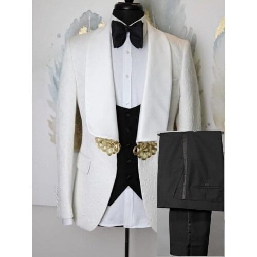 Custom Made Men Suits Ivory Pattern Groom Tuxedos Shawl Satin Lapel Groomsmen Wedding Best Man ( Jacket+Pants+Vest+Tie ) C938