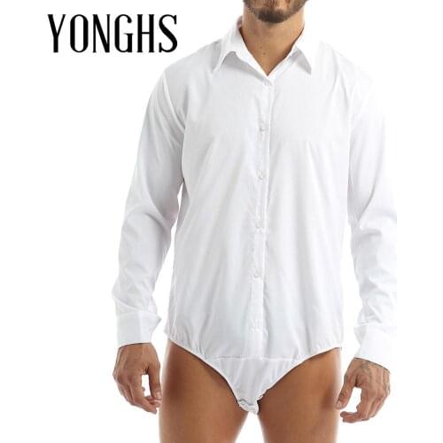 #M-XXL Mens Bodysuit Shirt One-piece Turn-down Collar Long Sleeves Button Down Solid Color Casual Bodysuit Shirt Tops