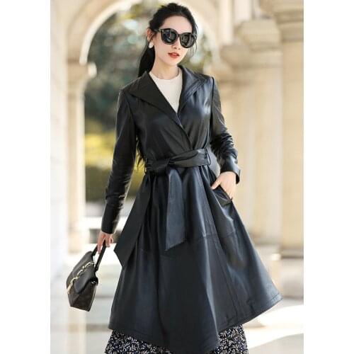 2021 Spring New Haining Sheepskin Womens Medium Length Leather and Cotton Slim Windbreaker