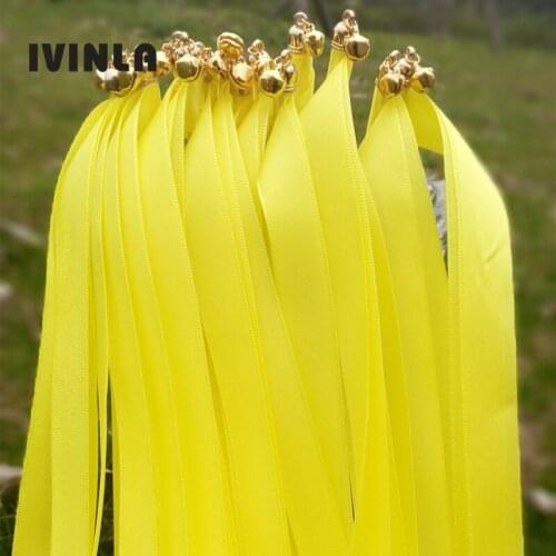Newest Arrived 50pcs/lot Yellow stain ribbon wedding stick wands With Gold Bells for wedding party