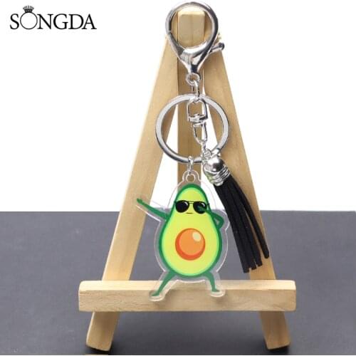 New Fashion Fruit Avocado Cat Acrylic Keychain Funny and Cool Avocado Tassel Two-Sided Key Chain Unisex Jewelry Decoration Gift