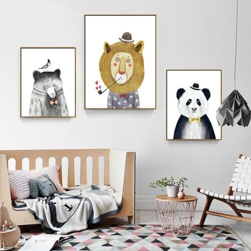 Nordic Adorable Cartoon Animal Poster Lion Bear Panda Canvas Painting Art Print Picture Modern Home Decor Kids Bedroom Decor