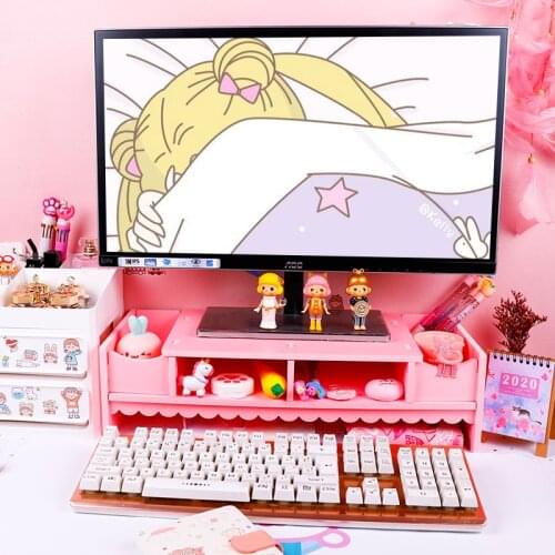 Pink cute desktop multi-function receive real wood brackets increased neck laptop desktop computer monitors
