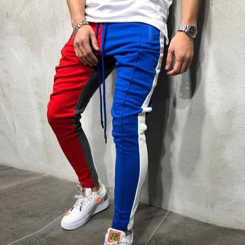 2019 Spring Man Color Block Patchwork Pant Men Winter Casual Sweatpants Slim Long Trousers Mens Gym Striped Drawstring Pants