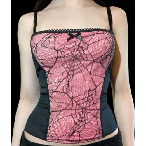 Ladies spider web lace mesh stitching dark cosplay vest camisole halter camisole womens sleeveless short vest top