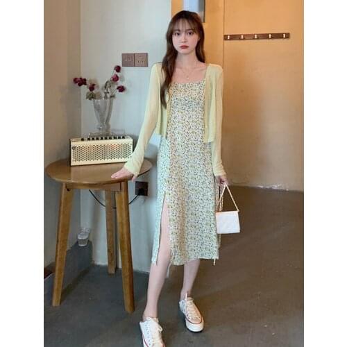 Woman Dress Floral Sling Skirt Female Summer New Style French Design Sense Waist Thin Temperament Split Long Skirt