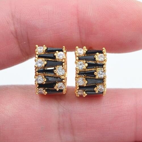 Gold Color Women Fashion Luxury Black Cubic Zirconia CZ Hoop Huggie Earrings