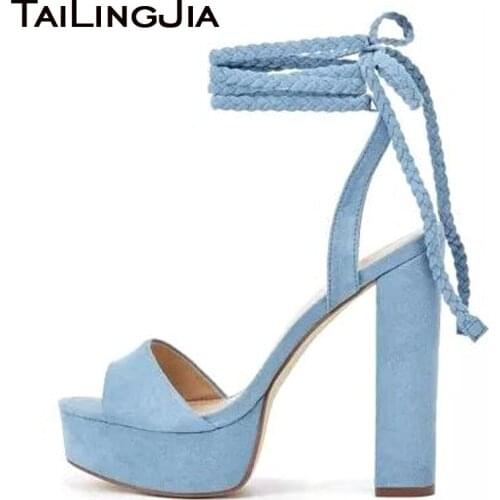 Platform Sandals for Women Block Heel Summer Shoes Lady Open Toe Faux Suede Ankle Strap Party Heels Sandal Dress Shoe Plus Size