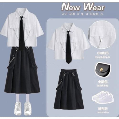 Women Korean Fashion Loose Short-sleeved Shirts Chain+high Waist Shoulder Strap Itself Skirt Gothic Harajuku Two-piece Suit y2k