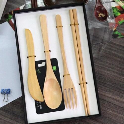 1 Set Bamboo Fork Knife With Cloth Bag Japanese Wooden Dinnerware Set Cutlery Set Kitchen Tools Picnic Travel Camping Dinnerware