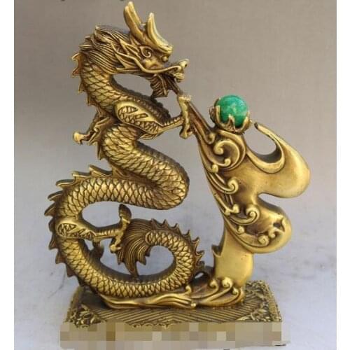 10" China Pure Bronze Fengshui Dragon Loong Play Beads Bead Beast Animal Statue