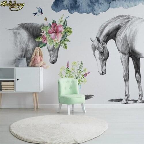 Beibehang 3d wallpaper mural nordic creative flower black and white couple horse wallpaper tv background wall papel de parede