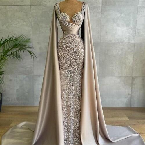Arabic Glitter Sequined Evening Dress with Cape Ruched Sweetheart Prom Party Formal Women Gowns