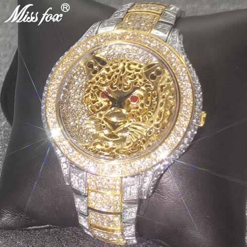 Top Brand MISSFOX Mens Watches New Tiger Luxury Hip Hop Quartz Wristwatch Gold Iced Out AAA Bling Male Business Clocks Jewelry