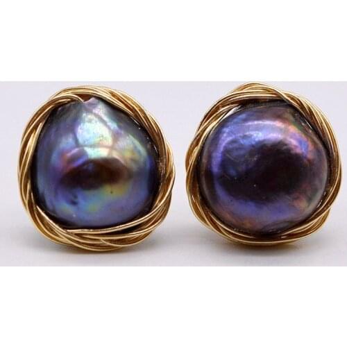 Black pearl earrings, natural black and blue pearls, gold braid, womens gold earrings, unique personality jewelry