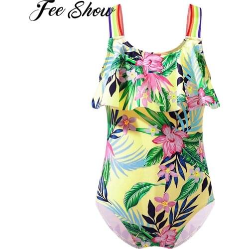 Kids Girls One-piece Swimwear Swimsuits Rainbow Print Straps Ruffle Swimsuit Jumpsuit Bodysuit Beach Pool Swimming Bathing Suits