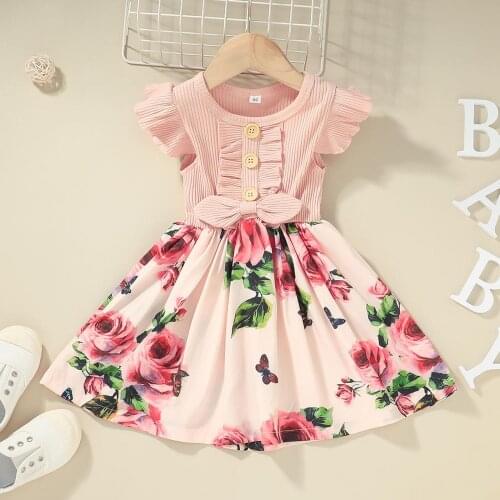 Toddler Kids Baby Girl Fly Sleeve Casual Bow Ribbed Floral Flower Dress Princess Baby Clothes Children Baby Girl Kids Outfit