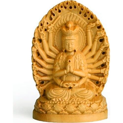 Home Decor Wood Carving Buddha Statue Thousand-hand Bodhisattva Sculpture Car Home Decoration Accessories hogar