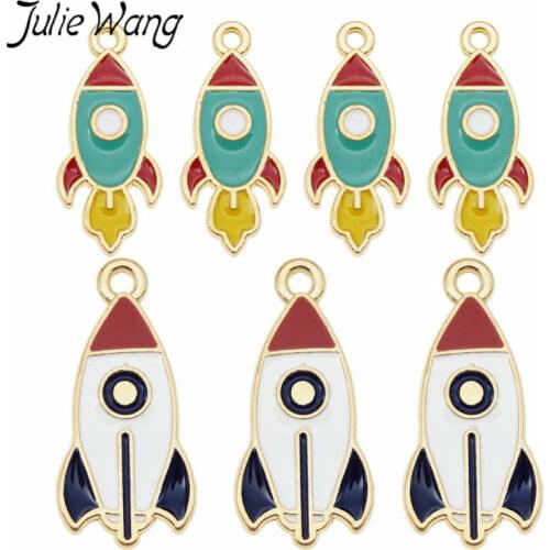 Julie Wang 8PCS Enamel Space Rocket Charms Alloy Aviation Gold Tone Necklace Bracelet Earrings Jewelry Making Accessory