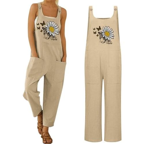 New Arrival Jumpsuit Women Baggy Overalls with Pockets Boho Pants Ladies Wide Leg Floral Loose Suspender Trousers Romper
