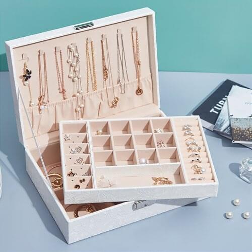 QM Convenience Large Double Layers Jewelry Organizer Box With Mirror Smooth Trendy Leather Jewelry Storage Case Display Holder