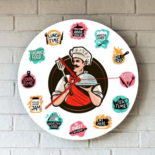 Kitchen Chef Holding a Tray Restaurant Decorative Cooking Food Baking Foods Wall Clock Wall Hanging Watch Non Ticking Mechanism