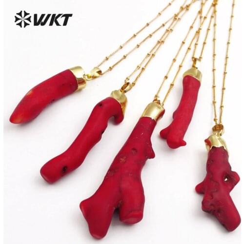 WT-N1121 WKT hot sales! Wholesale 10pcs/lot Natural stone necklaces irregular red coral pendants with 18 inch gold color chain