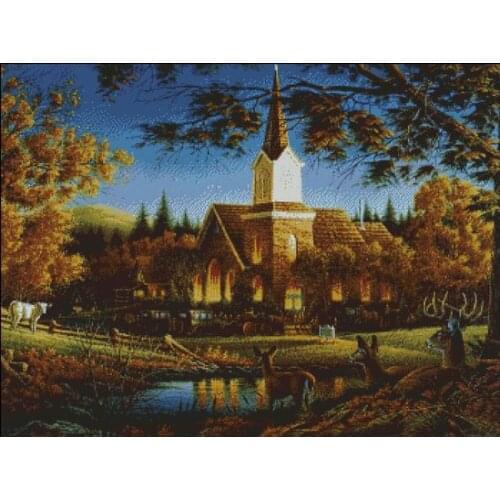 Top Quality Mixed Stitch Church, woods, lake, deer Embroidery Needlework 14CT Unprinted Cross Stitch Kits Art DIY Handmade Decor