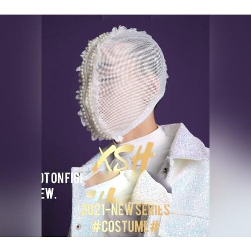 Nightclub party mask gogo mens and womens costume hood ds white mesh pearl lace hood