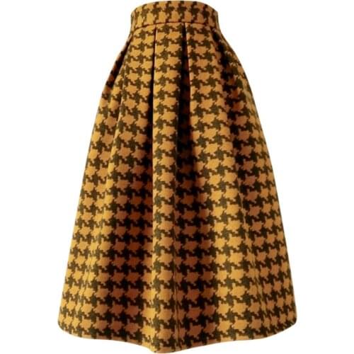 2021 autumn winter vintage Houndstooth woolen skirt women high waist thick ball down mid skirt plus size 2XL