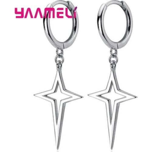 925 Sterling Silver Drop Earrings Four-pointed Star Dangle Earring Fashion Women Jewelry Round Buckle