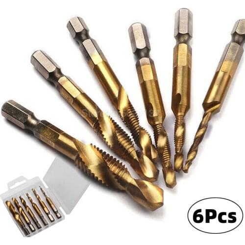6Pcs Hand Tap Drill Bits Hss 4341 Screw Spiral Point Thread Metalworking Hex Shank Machine Kit Metric Plug Titanium Plated