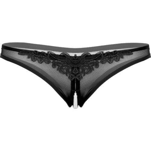 New Women Briefs See-through Sheer Mesh Hot Sexy Erotic Lingerie Open Croch Panties Underwear Faux Pearls Beading G-string Thong