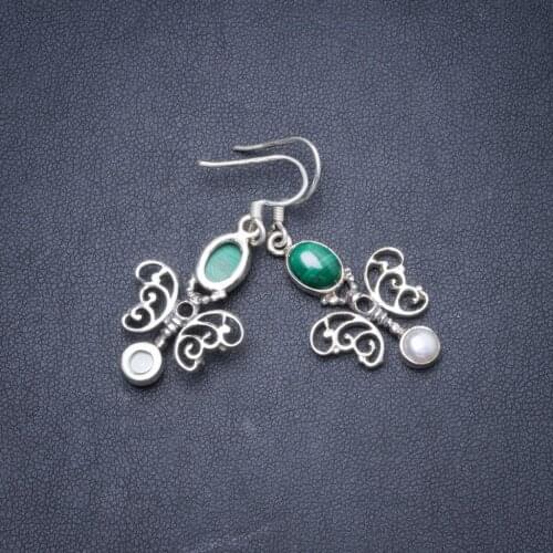 Natural Malachite and River Pearl Handmade Unique 925 Sterling Silver Earrings 1.75" Y1767
