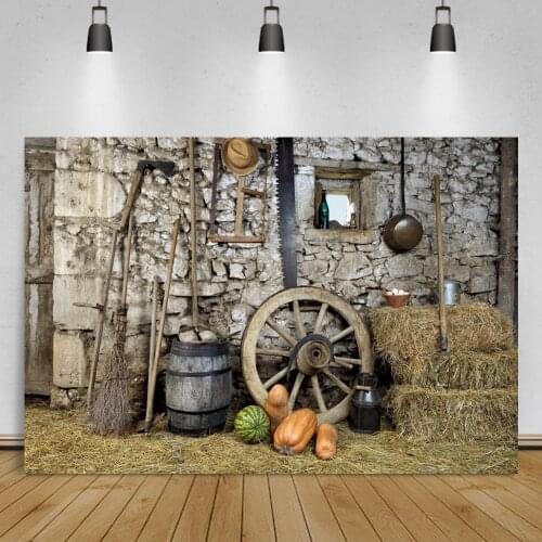 Vinyl Backgrounds For Photography Old Rural Warehouse Wooden Wheel Haystack Pumpkin Tools Baby Newborn Portrait Photo Backdrops