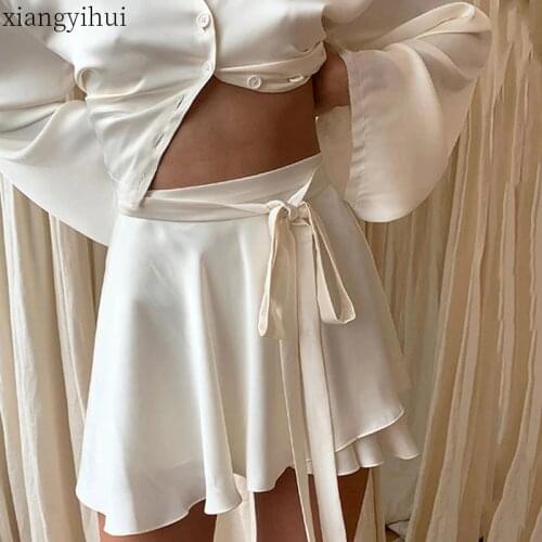 Faux Silk Women Mini Skirt Black White Beige Satin Lace-up Skirts New Summer High Waist Asymmetric Loose Skirt Soft Comfortable