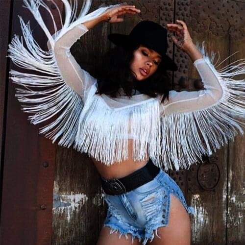 Bar DJ Female Singer Performance Clothing Nightclub Sexy See-Through Mesh Fringed Long-Sleeve Shirt Jazz Dance Costume DWY4307