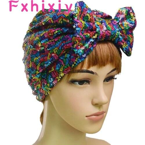 Shiny Sequins Bonnet Women Bowknot Turban Hat Head Scarf Caps Head Wrap Chemo Beanies Bows Hair Cover Party Accessories