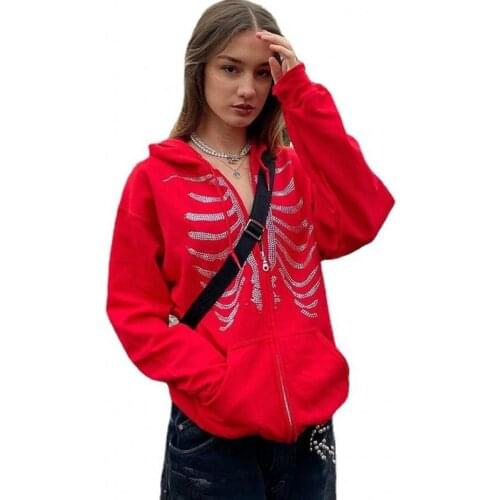Zipper Hoodies Sweatshirt Women Full Sleeve Pockets With Diamonds Autumn Thin Loose Casual Y2k Harajuku Hoodie Sweatshirts 2021