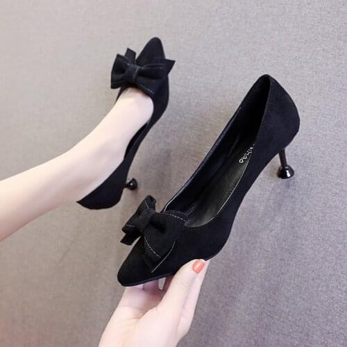 2021 new all-match simple solid color pointed toe womens shoes fashion temperament shallow mouth bow stiletto heels
