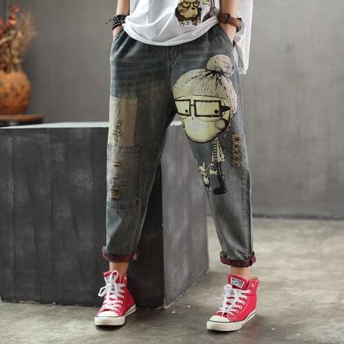 Women Spring Fashion Vintage Cartoon Dog Little Girl Print Denim Jeans Female Casual Frayed Ripped Harem Pants Trousers 2021
