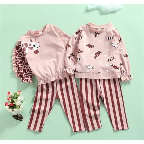1-5 Years Infant Girls Casual Outfits Baby Girls Giraffe Candy Print Long Sleeve Pullover Block Striped Pants Girls Outfits