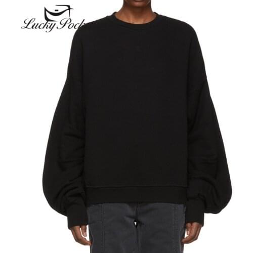 Women Spring Fall Black O-Neck Cotton lantern Sleeve Sweatshirt Ladies Solid Color Plus Size Pullovers Female Casual Tops ZM118
